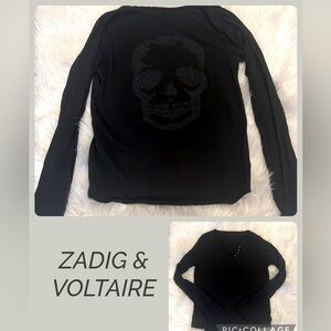 ZADIG & VOLTAIRE Black cotton Henley with matte black rhinestud skull on back S